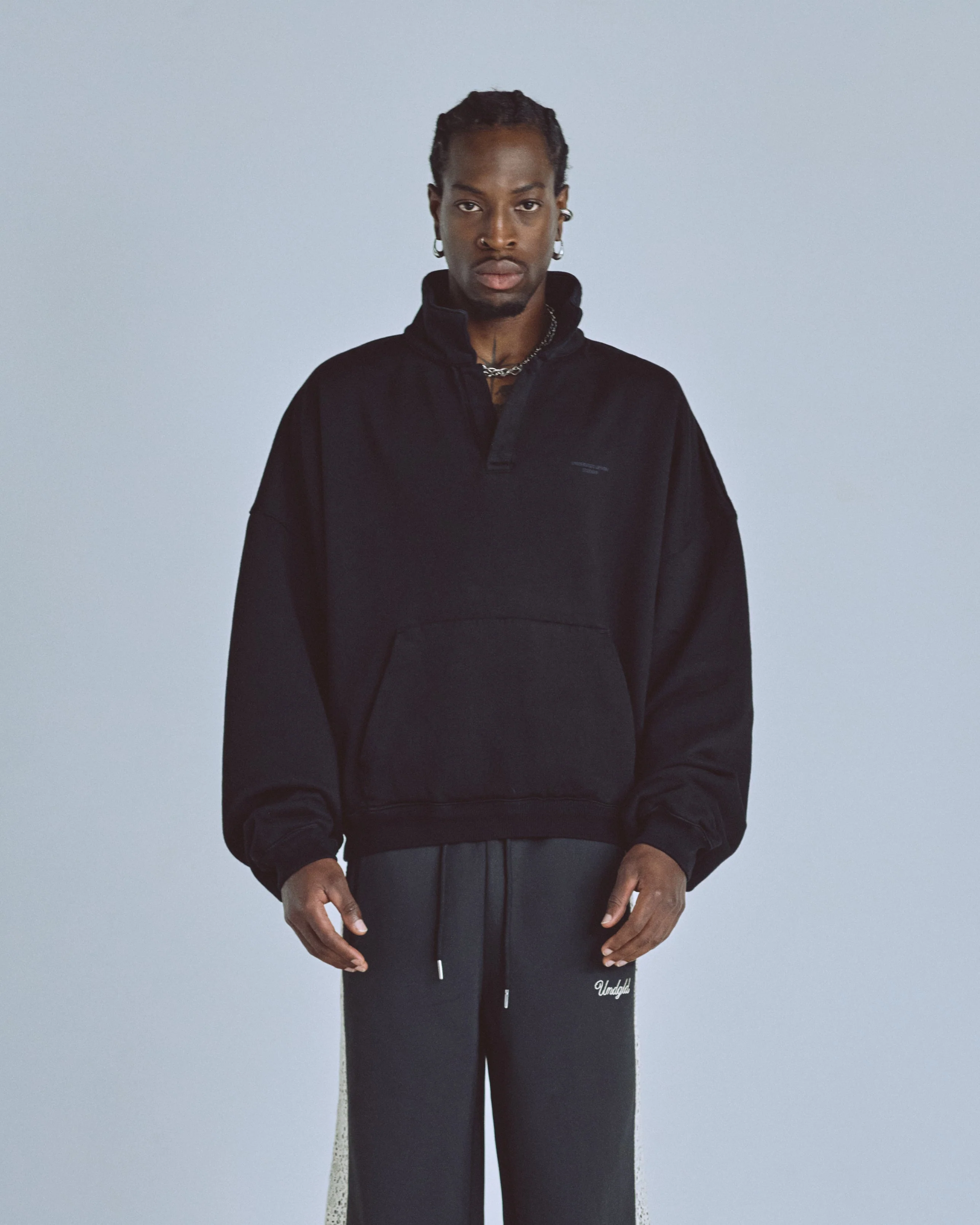 Basics Polo Collar Boxy Fit Hoodie Black - Image 8