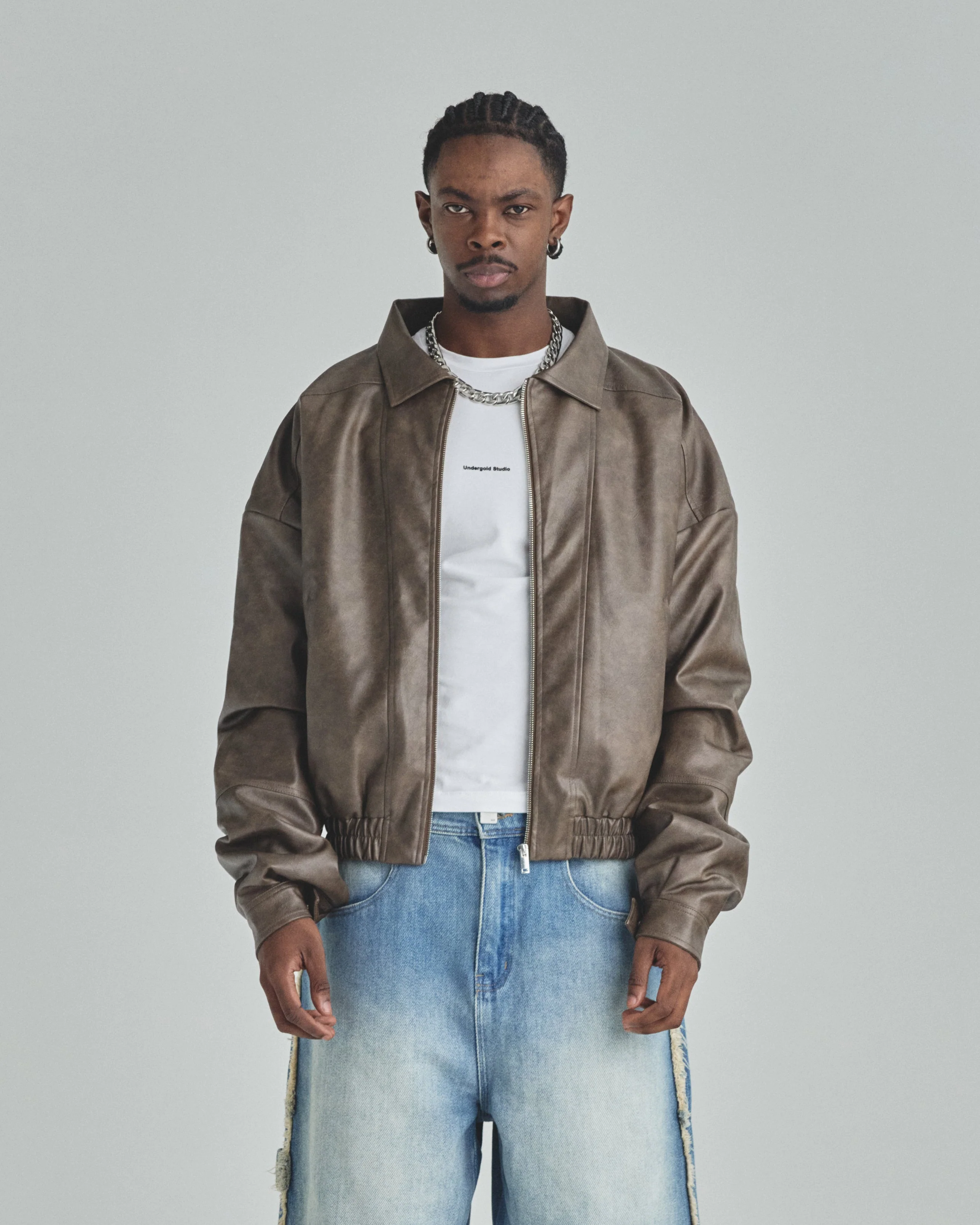 Basics Vintage Panelled Bomber Jacket Brown - Image 2